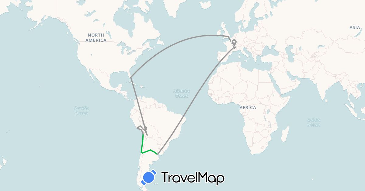 TravelMap itinerary: bus, plane in Argentina, Bolivia, Chile, France, United Kingdom, Peru, United States (Europe, North America, South America)